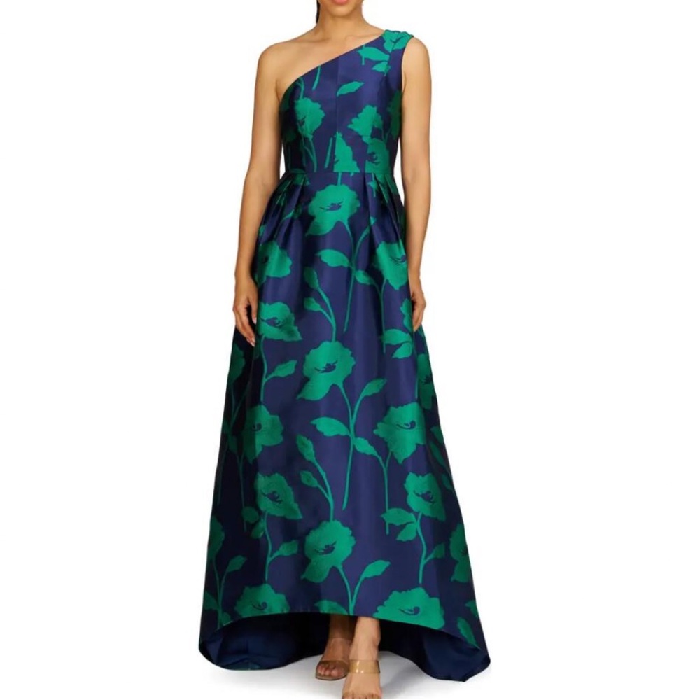 Kay Unger Tiara Floral Jacqaurd One-Shoulder Gown